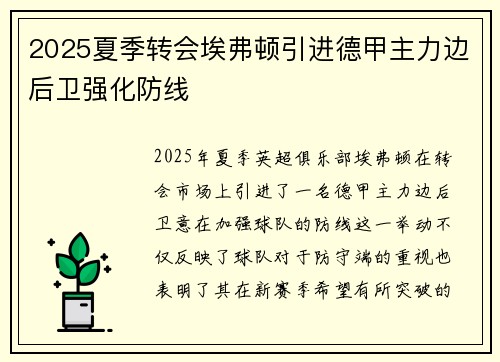 2025夏季转会埃弗顿引进德甲主力边后卫强化防线 2025夏季转会埃弗顿引进德甲主力边后卫强化防线