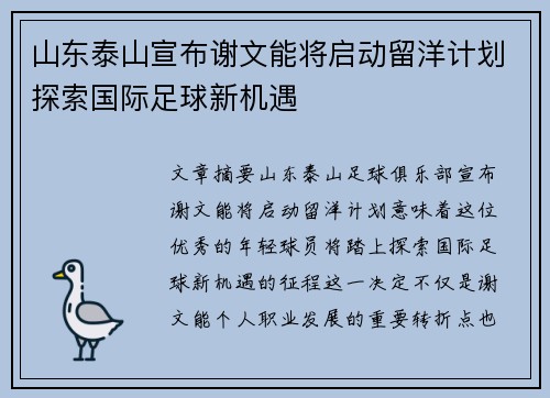 山东泰山宣布谢文能将启动留洋计划探索国际足球新机遇