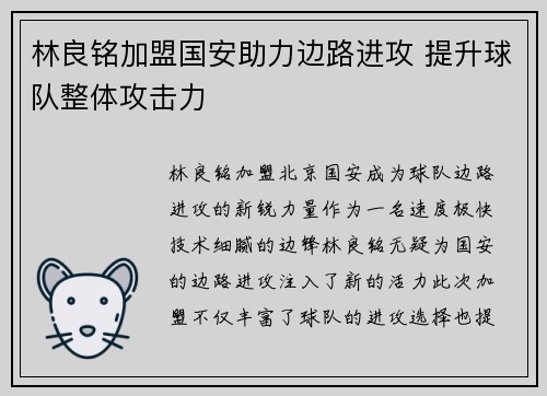 林良铭加盟国安助力边路进攻 提升球队整体攻击力 林良铭加盟国安助力边路进攻 提升球队整体攻击力